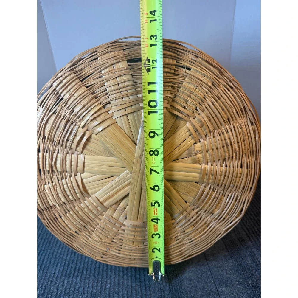 Vintage Woven Wicker Basket with Lid and Handle Round Natural Pink Accent 14in